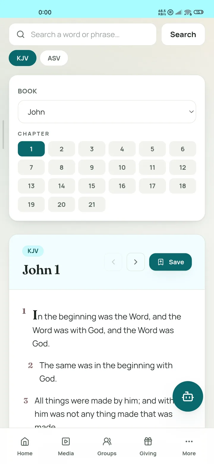 Bible screen showing John chapter 1 in the KJV translation, with book and chapter pickers