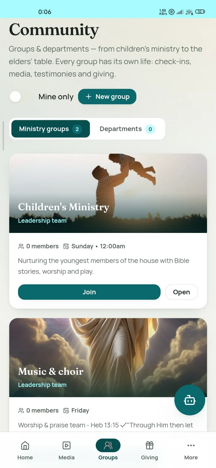 Community screen showing ministry groups like Children's Ministry and Music and Choir, each with its own photo, schedule and Join button