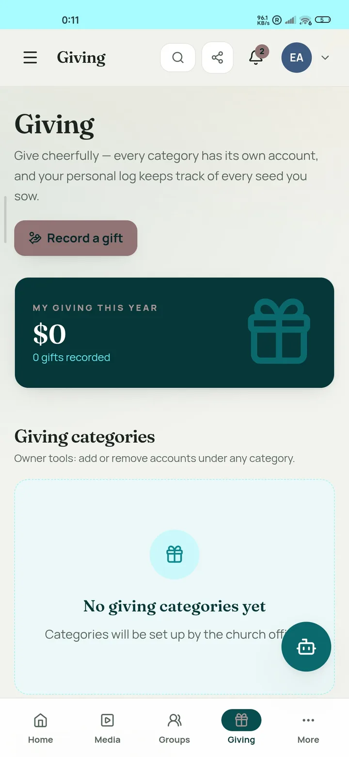Giving screen showing giving categories and a personal giving history