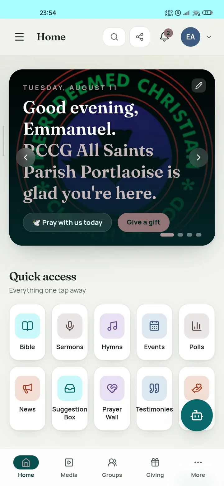 churcherOS home screen with a personal greeting, prayer and giving shortcuts, and one-tap access to Bible, sermons, hymns, events and more