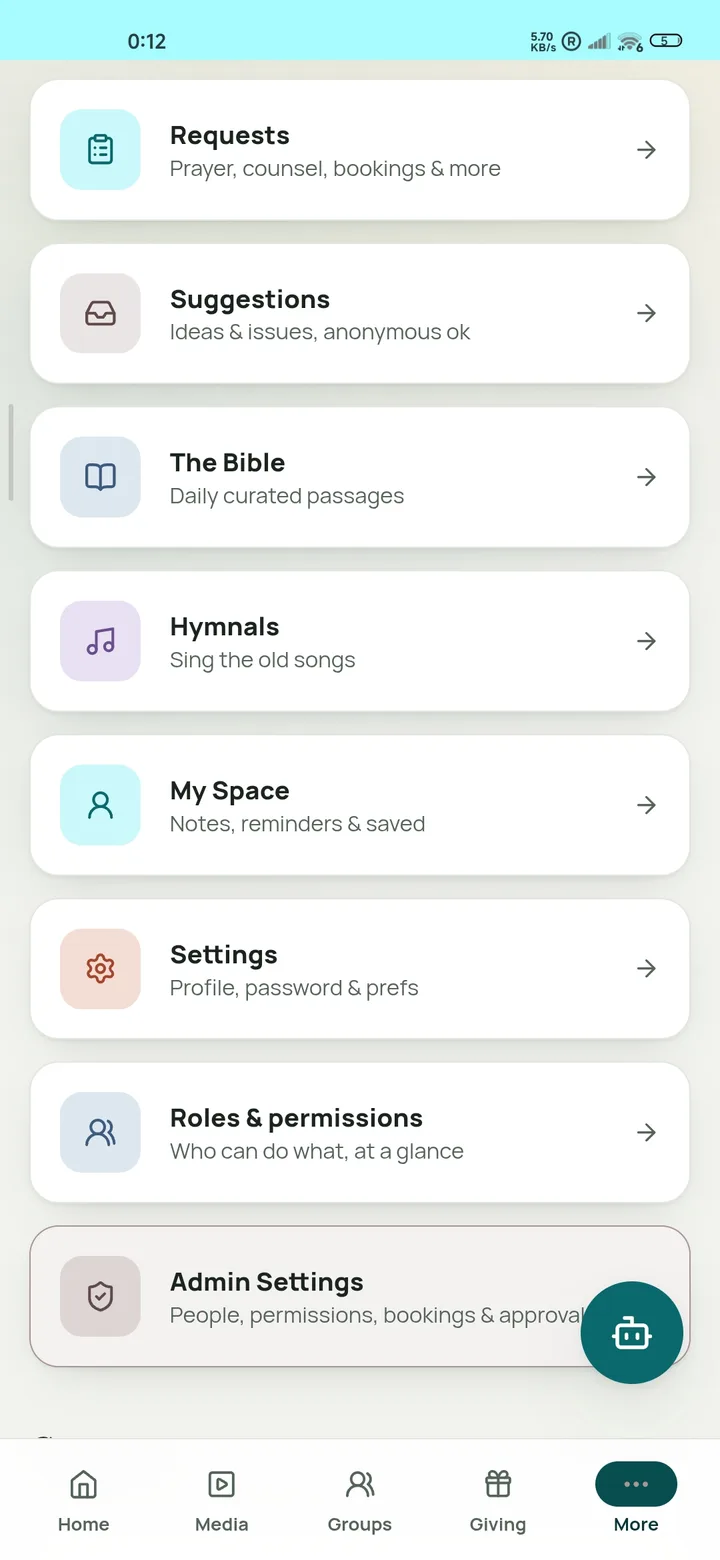 More menu showing requests, suggestions, hymnals, settings, roles and admin tools